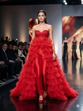Red Strapless Ruffled Tulle Gown
